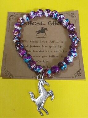 Horse Pendant Stretch Bracelet Multiple Color Purples W/ Inspirational Quote NWT